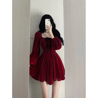 Chic A line Square Neckline Long Sleeves Red Velvet Party Dress Birthday Dresses Birthday Outfits SD1228