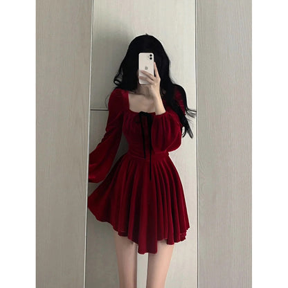 Chic A line Square Neckline Long Sleeves Red Velvet Party Dress Birthday Dresses Birthday Outfits SD1228