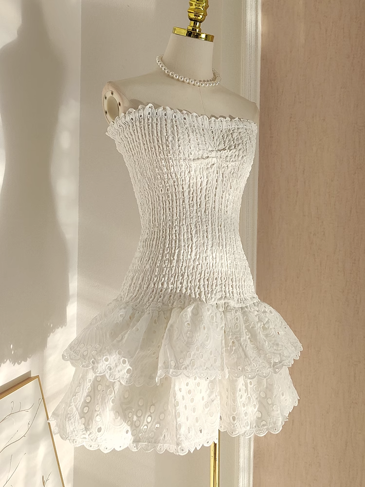 Cute Sheath Strapless White Lace Vacation Dress Short Birthday Dresses SD122