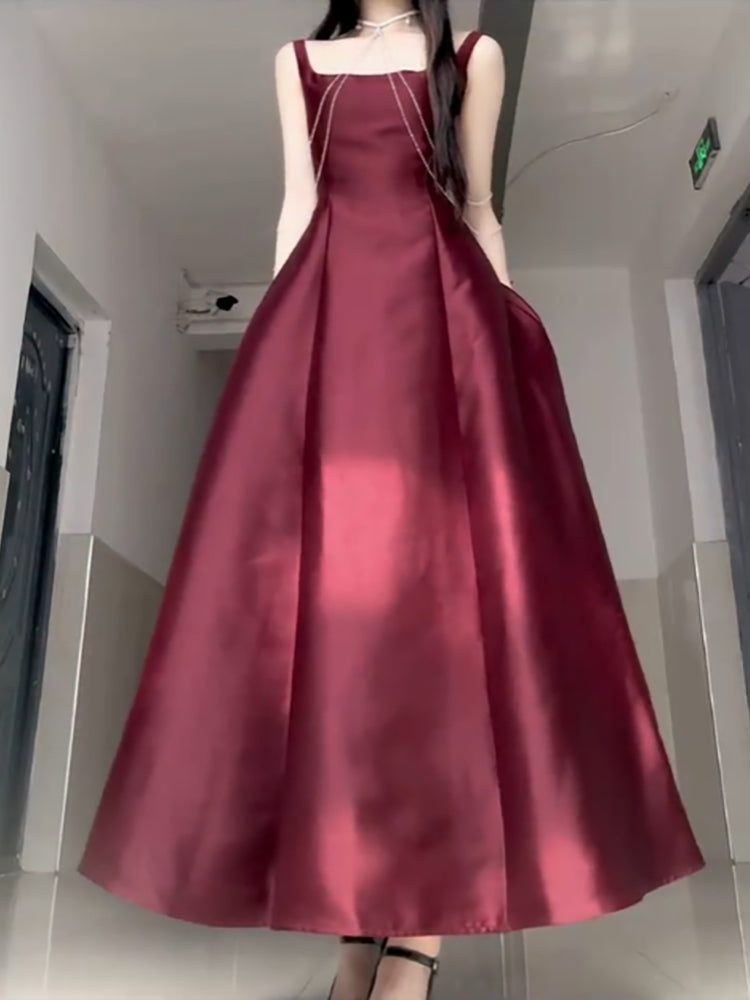 Sexy A line Square Neckline Sleeveless Women's Burgundy Holiday Dress Vacation Dresses Birthday Dress SD1233