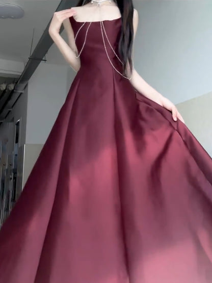 Sexy A line Square Neckline Sleeveless Women's Burgundy Holiday Dress Vacation Dresses Birthday Dress SD1233