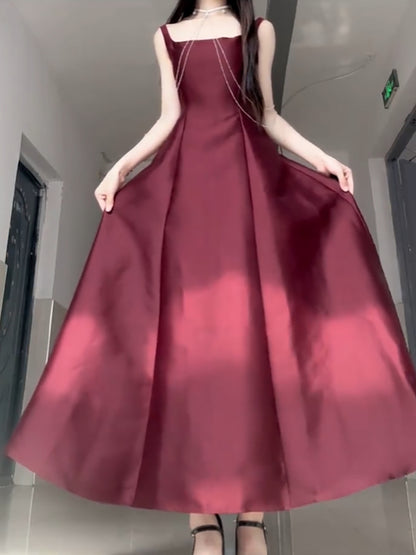 Sexy A line Square Neckline Sleeveless Women's Burgundy Holiday Dress Vacation Dresses Birthday Dress SD1233