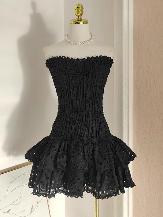 Cute Sheath Strapless Black Lace Vacation Dress Short Birthday Dresses SD123