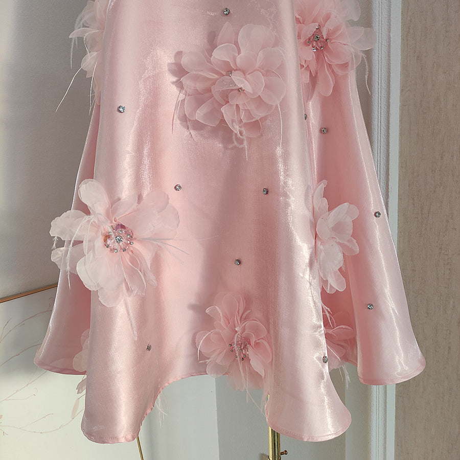 Cute A line Halter Pink Travel Vacation Dresses Short Satin Birthday Dress SD1245