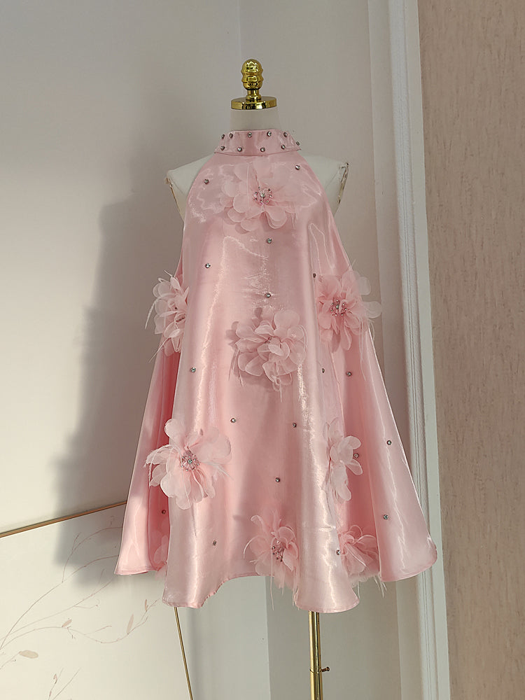 Cute A line Halter Pink Travel Vacation Dresses Short Satin Birthday Dress SD1245