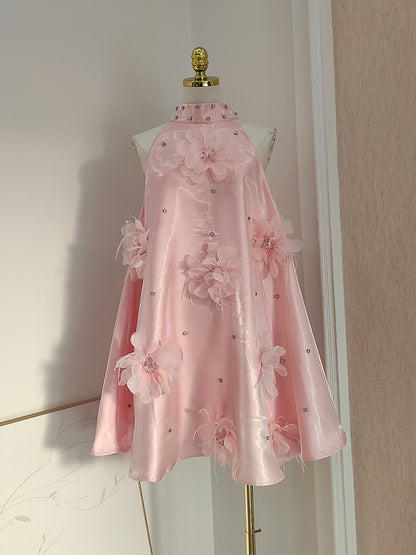 Cute A line Halter Pink Travel Vacation Dresses Short Satin Birthday Dress SD1245