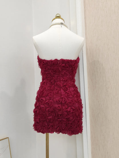 Sexy Sheath Strapless Burgundy Tulle Travel Vacation Dresses Short Birthday Dress SD1248