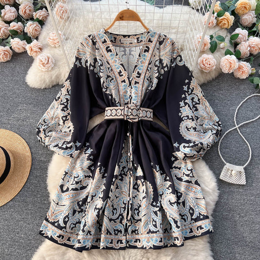 Chic A line Long Sleeves Long Sleeves Black Floral Holiday Dresses Autumn Beach Dress SD1267