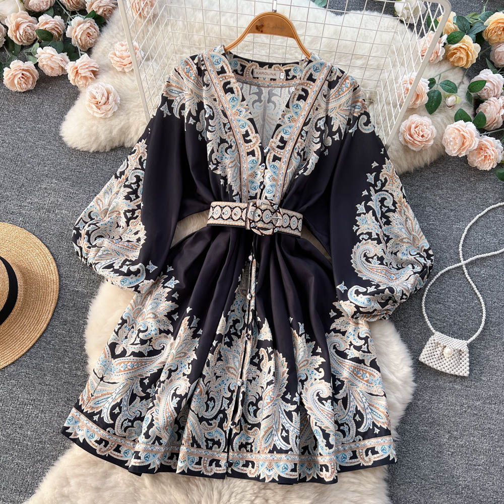 Chic A line Long Sleeves Long Sleeves Black Floral Holiday Dresses Autumn Beach Dress SD1267