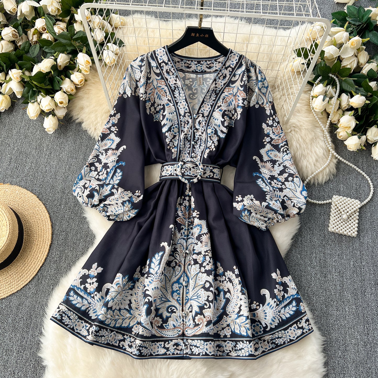 Chic A line Long Sleeves Long Sleeves Black Floral Holiday Dresses Autumn Beach Dress SD1268