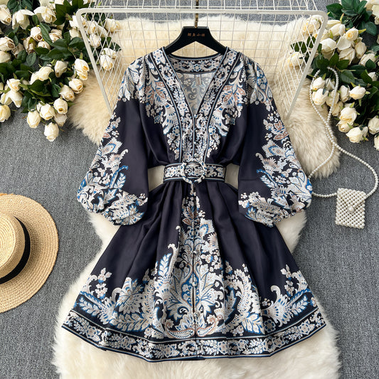 Chic A line Long Sleeves Long Sleeves Black Floral Holiday Dresses Autumn Beach Dress SD1268