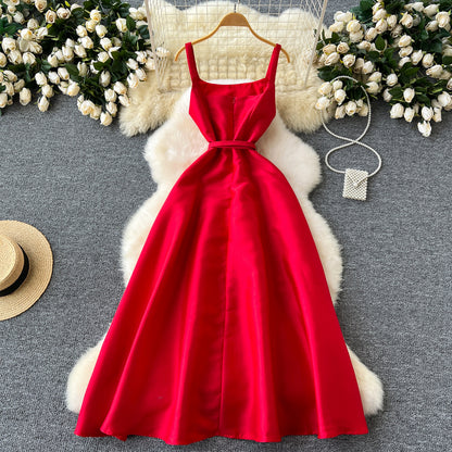 Simple A line Straps Red Holiday Dresses Midi Length Women's Dress SD1271