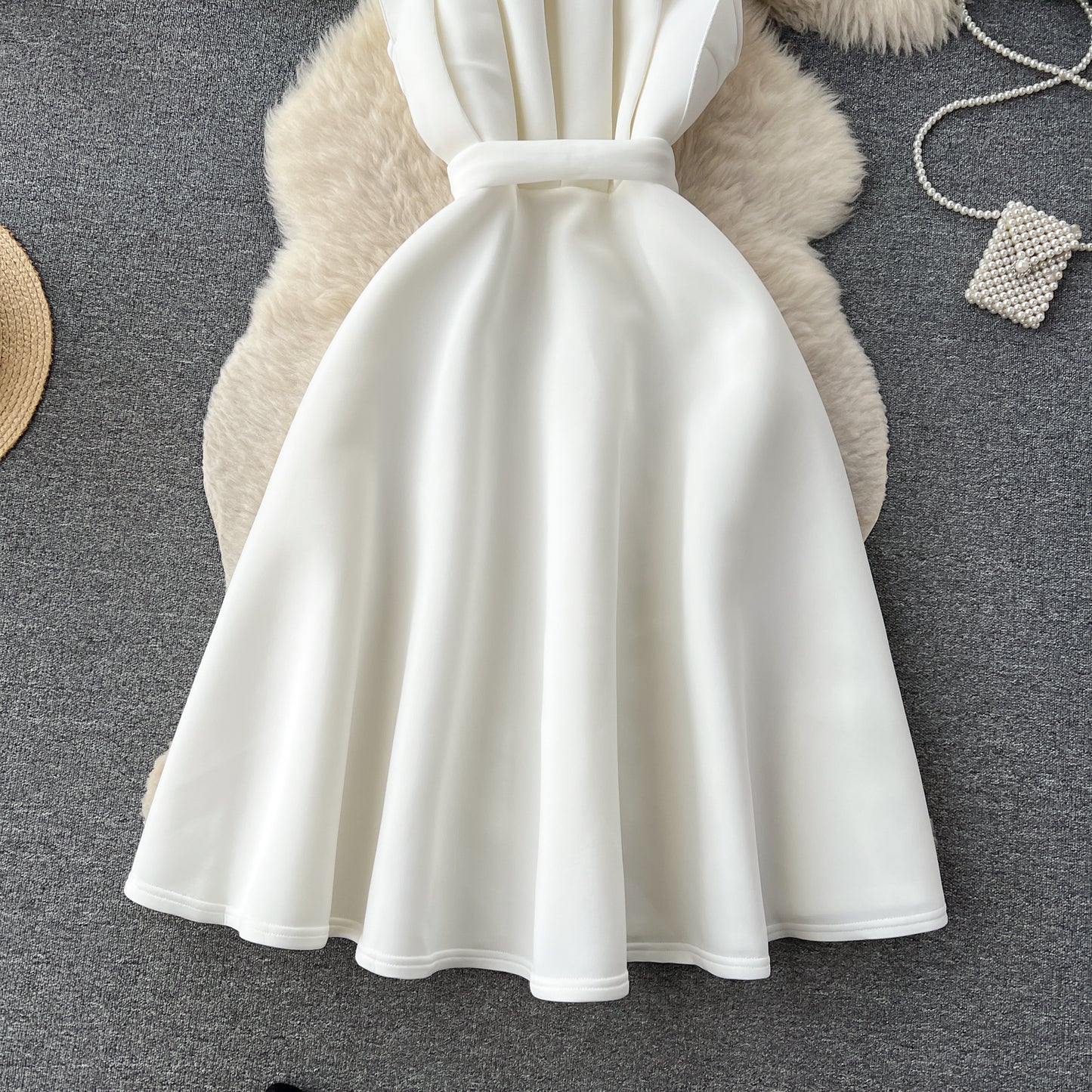 Simple A line One Shoulder Ruffles White Holiday Dresses Midi Length Women's Dress SD1278