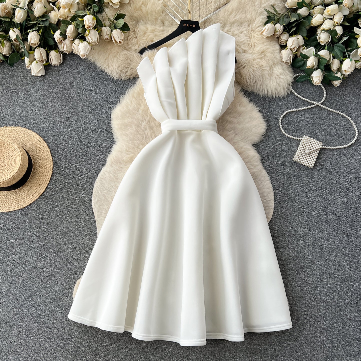 Simple A line One Shoulder Ruffles White Holiday Dresses Midi Length Women's Dress SD1278