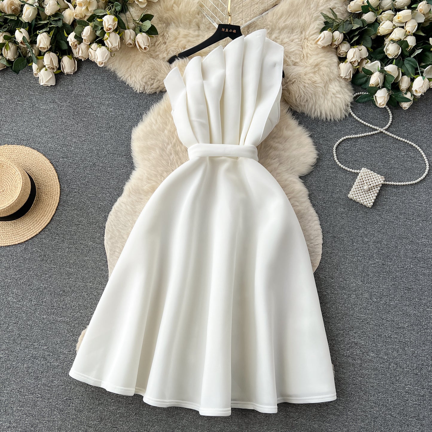 Simple A line One Shoulder Ruffles White Holiday Dresses Midi Length Women's Dress SD1278