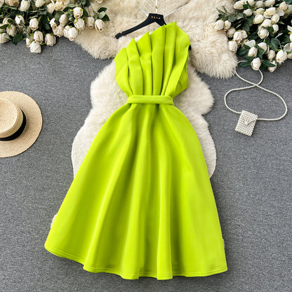 Simple A line One Shoulder Ruffles Bud Green Holiday Dresses Midi Length Women's Dress SD1279