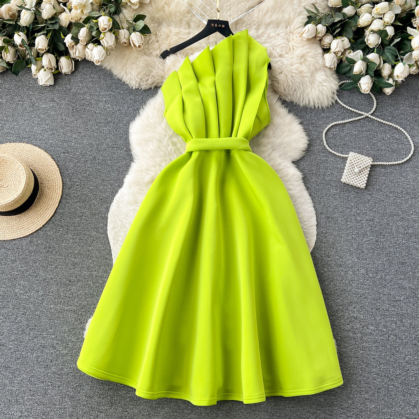 Simple A line One Shoulder Ruffles Bud Green Holiday Dresses Midi Length Women's Dress SD1279