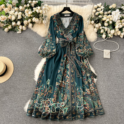 Chic A line Long Sleeves Green Floral Holiday Dresses Autumn Women's Dress SD1280