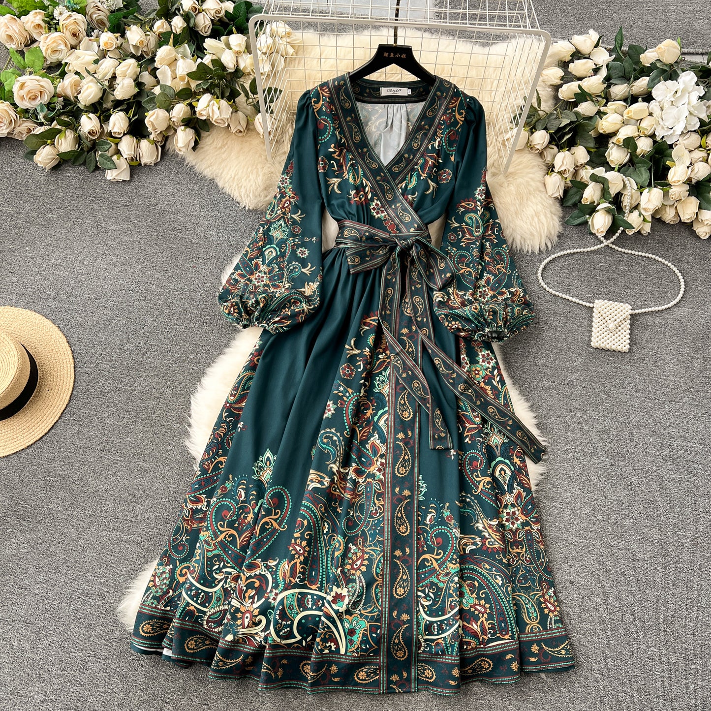 Chic A line Long Sleeves Green Floral Holiday Dresses Autumn Women's Dress SD1280