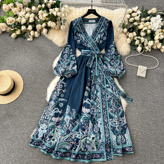 Chic A line Long Sleeves Blue Floral Holiday Dresses Autumn Women's Dress SD1281