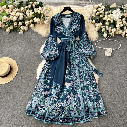 Chic A line Long Sleeves Blue Floral Holiday Dresses Autumn Women's Dress SD1281