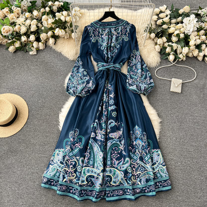 Chic A line Long Sleeves Blue Floral Holiday Dresses Autumn Women's Dress SD1281