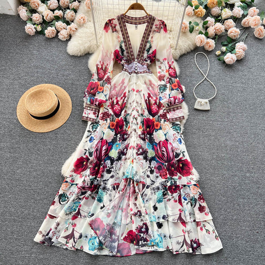 Chic A line Long Sleeves Pink Floral Holiday Dresses Women's Dress SD1282