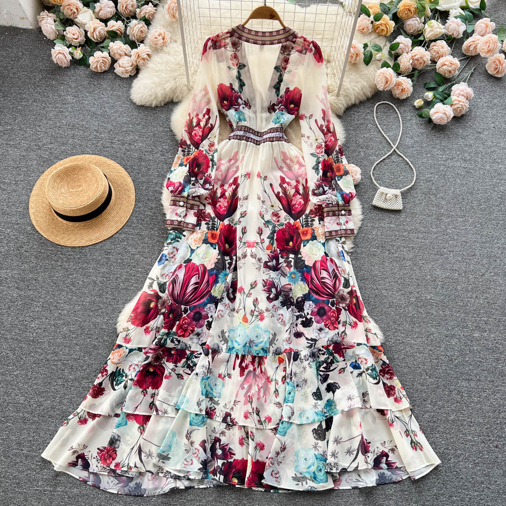 Chic A line Long Sleeves Pink Floral Holiday Dresses Women's Dress SD1282