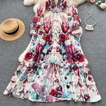 Chic A line Long Sleeves Pink Floral Holiday Dresses Women's Dress SD1282