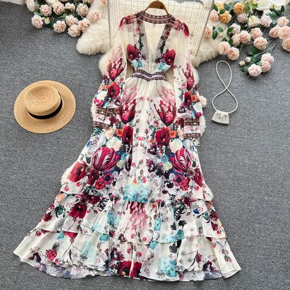 Chic A line Long Sleeves Pink Floral Holiday Dresses Women's Dress SD1282