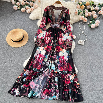 Chic A line Long Sleeves Black Floral Holiday Dresses Women's Dress SD1283