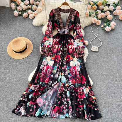 Chic A line Long Sleeves Black Floral Holiday Dresses Women's Dress SD1283