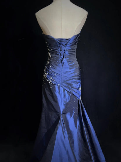 Sexy Sweetheart Sleeveless Mermaid Satin Long Navy Blue Prom Dresses SD1291