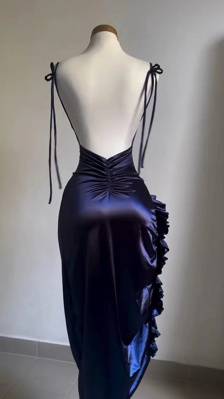 Sexy Sheath Column Spaghetti Straps Navy Blue Backless Satin Prom Dress SD1293