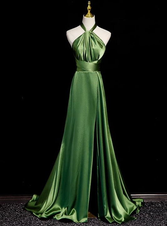 Sexy A line Green Satin Halter Backless Prom Dress Prom Dress SD1294