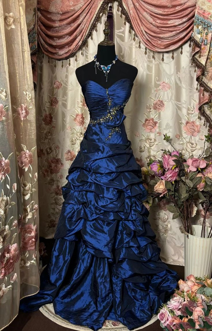 Vintage Style Ball Gown Sweetheart Prom Dresses Long Evening Gown Navy
