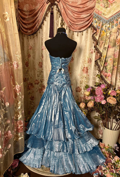 Vintage Mermaid Strapless Blue Satin Prom Dresses Long Evening Gown Formal Party Dress SD1299