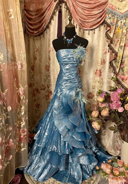 Vintage Mermaid Strapless Blue Satin Prom Dresses Long Evening Gown Formal Party Dress SD1299