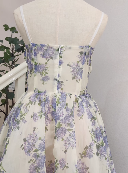 Cute A line Spaghetti Straps Lilac Floral Travel Vacation Women Dress Tea Length Birthday Outfits SD129