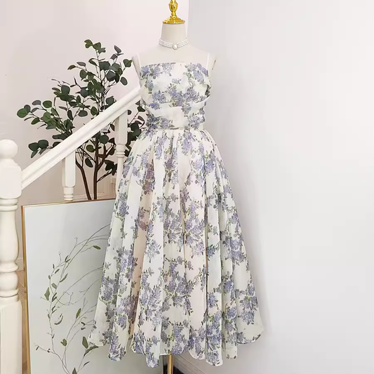 Cute A line Spaghetti Straps Lilac Floral Travel Vacation Women Dress Tea Length Birthday Outfits SD129