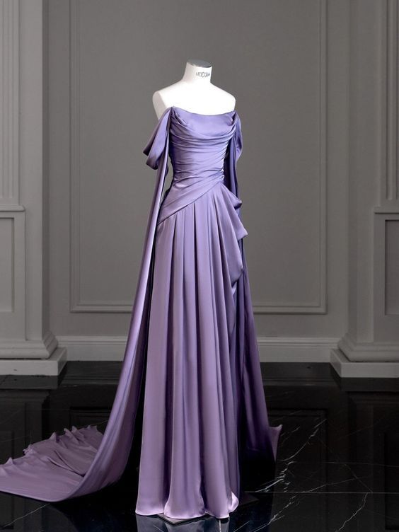 Vintage A Line Off The Shoulder Light Grape Satin Prom Dresses Long Evening Gown Formal Party Dress SD1300