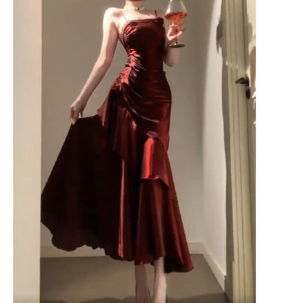 Vintage Sheath Spaghetti Straps Burgundy Holiday Dress Birthday Dresses Birthday Outfit SD1300