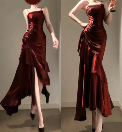 Vintage Sheath Spaghetti Straps Burgundy Holiday Dress Birthday Dresses Birthday Outfit SD1300