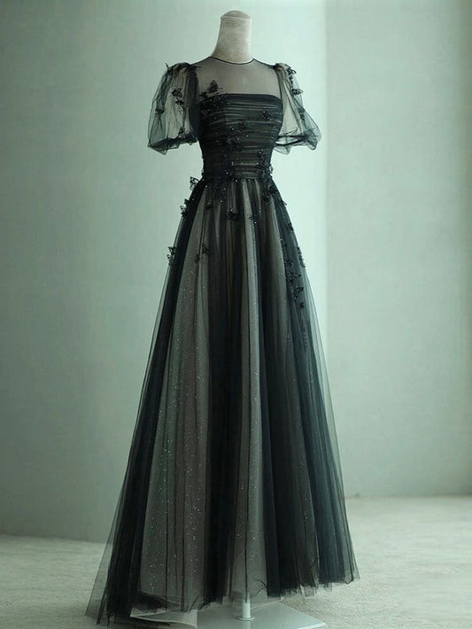 A-Line Puff Sleeves Tulle Long Prom Dress Black Formal Evening Dress SD1303