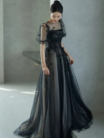A-Line Puff Sleeves Tulle Long Prom Dress Black Formal Evening Dress SD1303