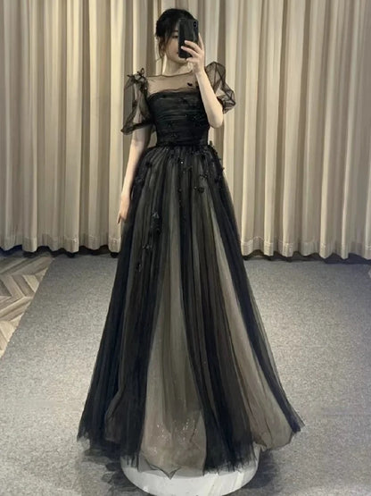 A-Line Puff Sleeves Tulle Long Prom Dress Black Formal Evening Dress SD1303