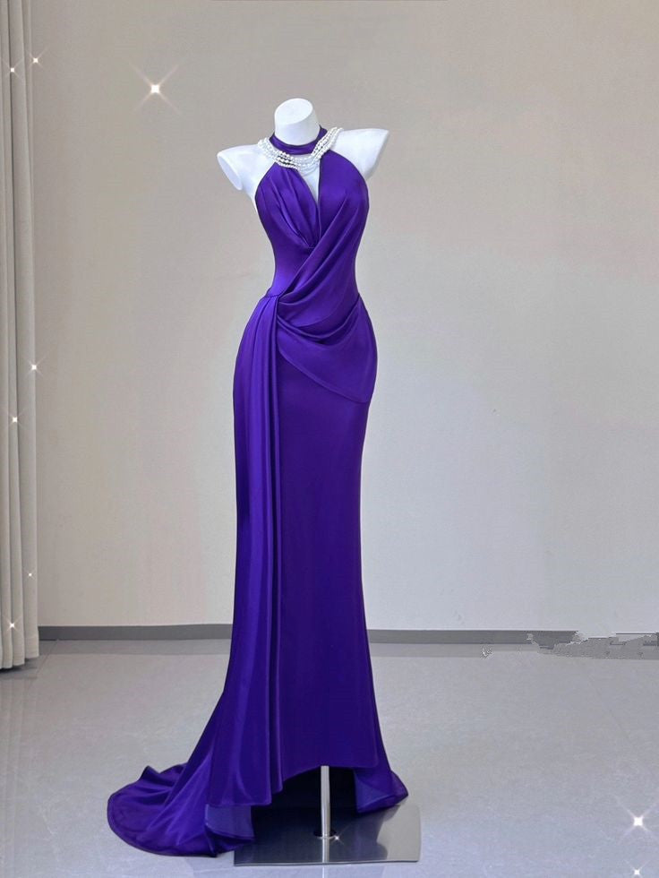 Vintage Sheath Halter Grape Satin Long Prom Dresses Evening Gown Formal Party Dress With Ruffles SD1305