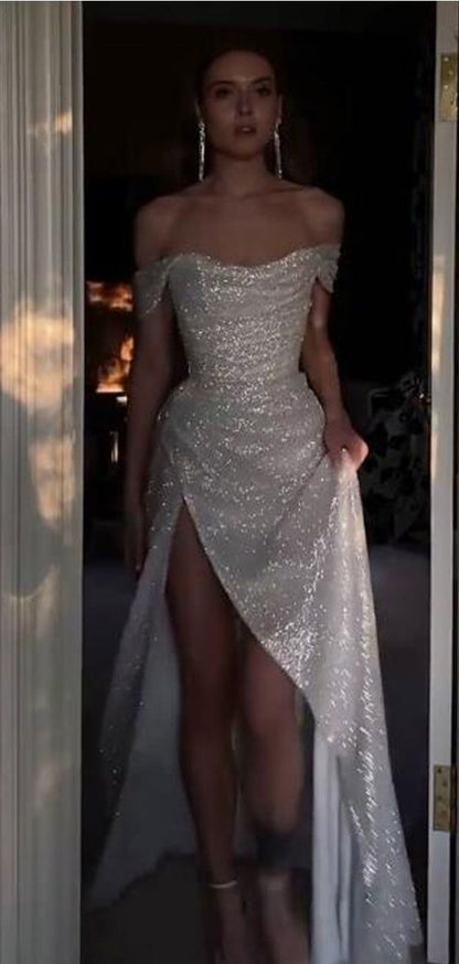 Sparkly Ivory Mermaid Off Shoulder High Slit Cheap Long Prom Dresses SD1306