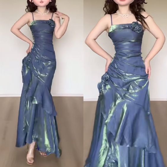 Mermaid Spaghetti Straps Prom Dresses Gray Blue Party Dress SD1307