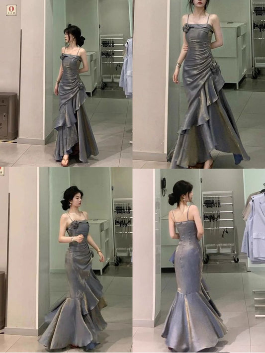 Retro Mermaid Spaghetti Straps Prom Dresses Gray Long Party Dress SD1309